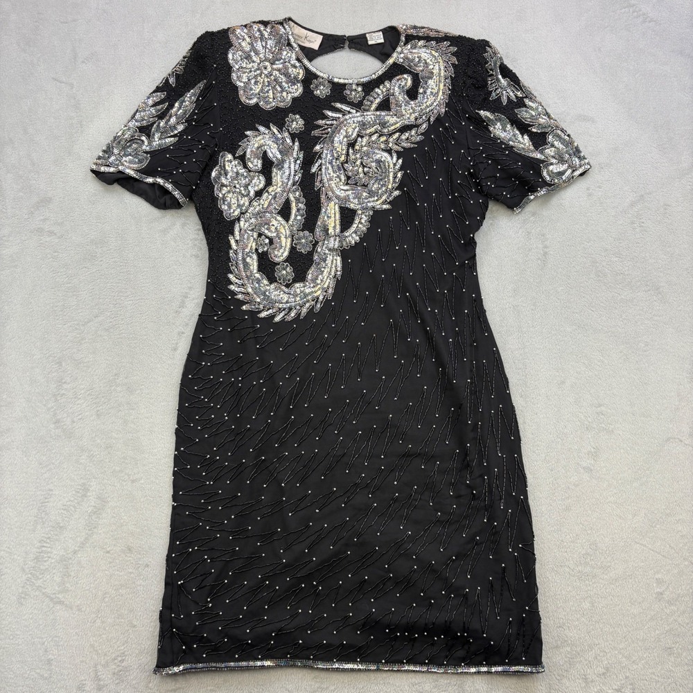 Laurence Kazar Dress Womens XL Black Beaded Sequin Silk Floral Vintage Y2K Party